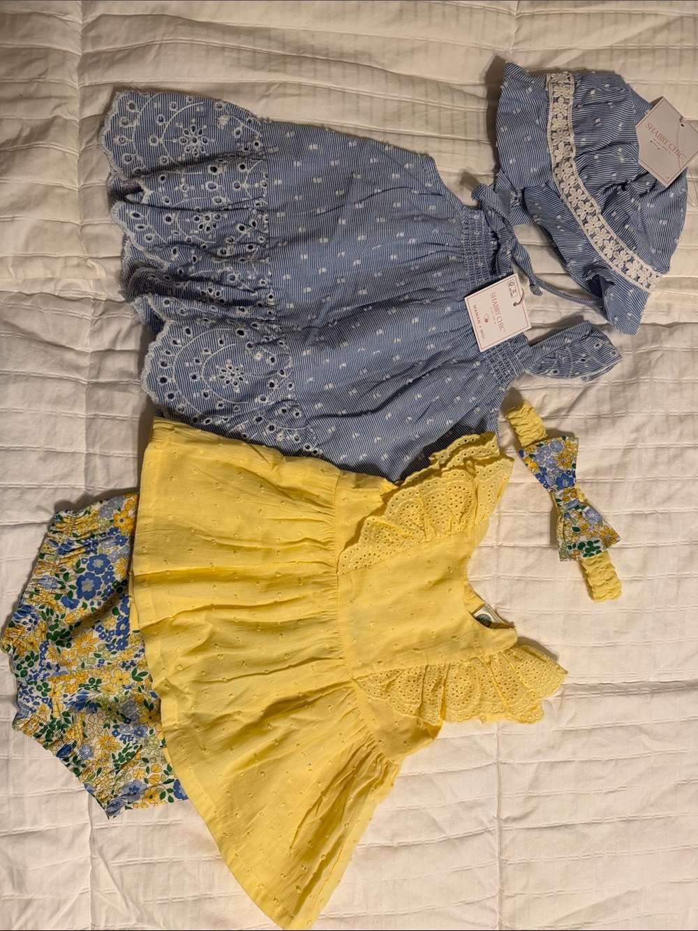 Shabby Chic Blue Eyelet Dress & Yellow Floral Matching Set
